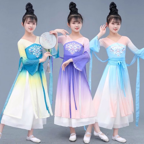Girls kids chinese folk Classical dance costumes for girls kids fairy hanfu princess dresses children's flowing gradient gauze fan dance wear for children